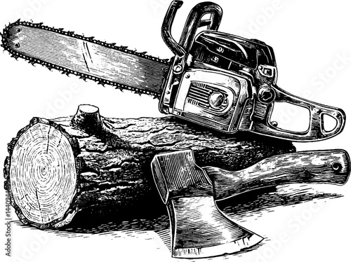 Vintage engraved illustration of chainsaw and axe with tree trunk for rustic design
