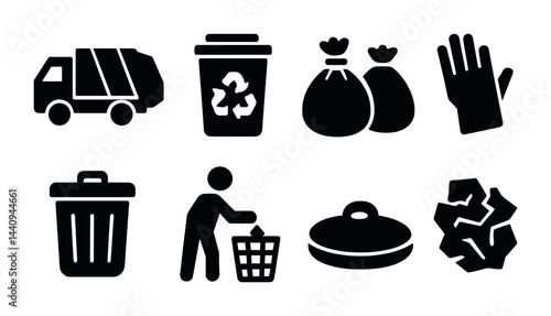 Recycling and waste management icons set – solid style eco-friendly, sustainability, and cleanup symbols: garbage truck, recycle bin, trash bags, gloves, waste container