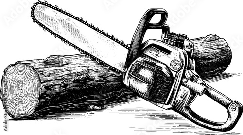 Engraved illustration set featuring chainsaw and axe for forestry design