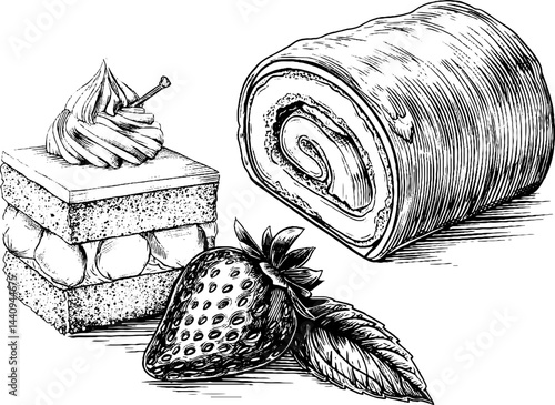 Engraved illustration of strawberry shortcake and swiss roll for dessert art design