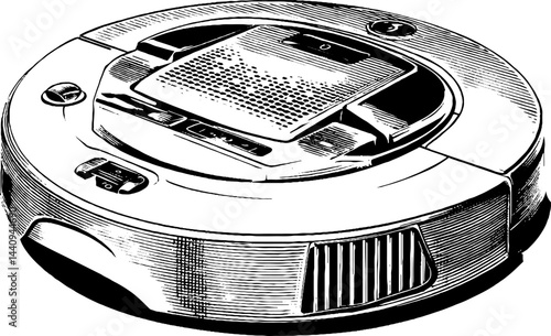 Black and white engraved illustration of robot vacuum for technology concept design