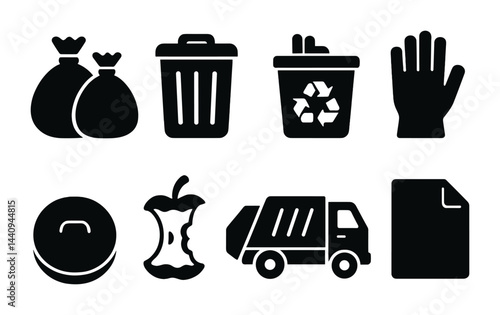 Waste management and recycling solid icons set – silhouette style eco-friendly, environmental, and sustainability symbols: trash bags, bin, recycling, glove, compost, truck.