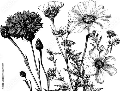 Engraved botanical illustration of cornflower and oxeye daisy for vintage design and art projects