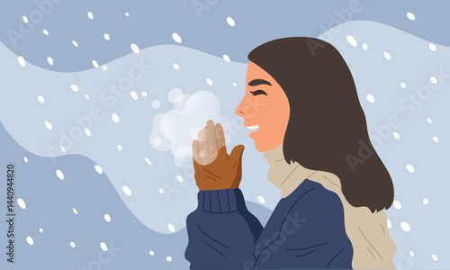 Young woman wears scarf, sweater and gloves in the snow falling. It's cold so you can see breath in the air. Winter season. Happy smiling girl enjoy wintertime. Flat vector illustration.