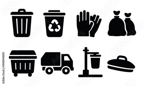 Waste management solid icons set - filled style recycling and cleanup symbols: trash bin, recycling bin, gloves, garbage bags, dumpster, garbage truck, litter picker, lid