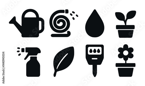 Gardening and horticulture icon set – solid style garden tools, plants, and growth symbols: watering can, hose, water drop, potted plant, spray bottle, leaf, garden marker, flower.