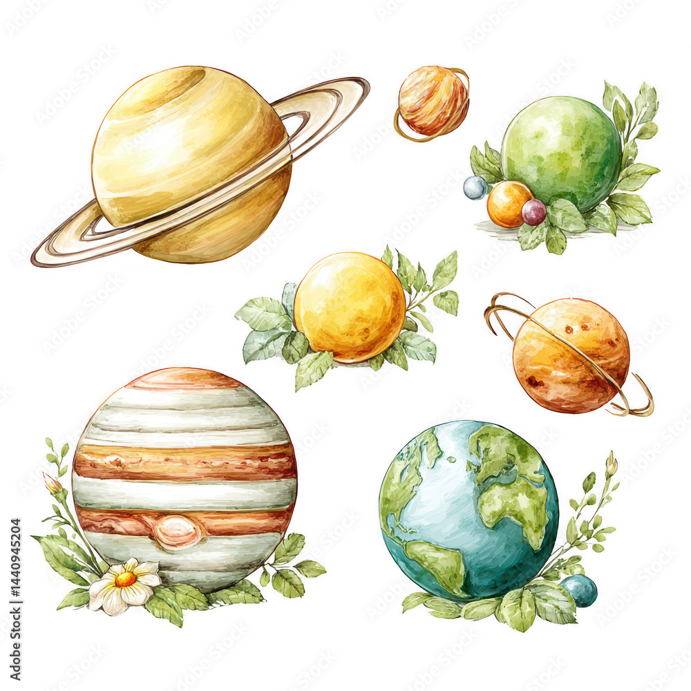 Watercolor planets with foliage create a whical solar system painting.