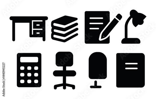 Office supplies solid icons set - filled style workspace, productivity, and organization symbols: desk, books, document, lamp, calculator, chair, microphone, notebook.