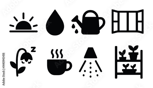 Gardening and home activities icons set with sun, water, and plants