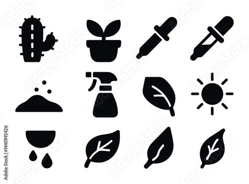 Gardening and plant care solid icons set – filled style for nature, horticulture, and botany enthusiasts: cactus, plant pot, dropper, spray bottle, leaf, sun, soil, water.