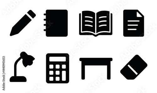 Education and school solid icons set - filled style learning, teaching, and classroom symbols for academic resources: pencil, notebook, textbook, paper, lamp, calculator, desk, eraser.