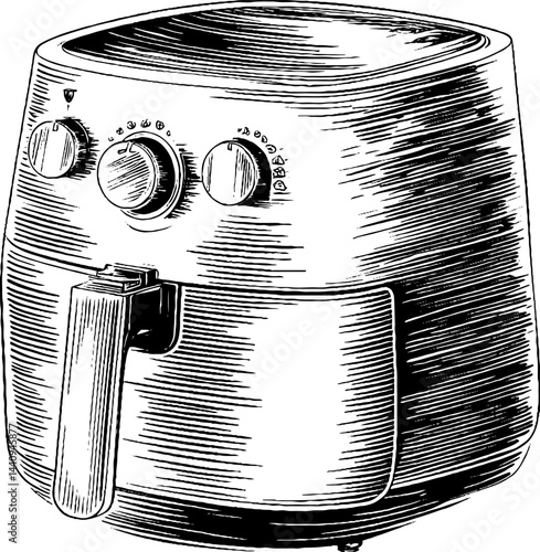 Engraved illustration of modern air fryer with black bold lines for kitchen design and culinary art