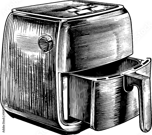 Retro engraved air fryer artwork with bold black lines for kitchen design
