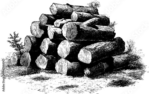 Vintage engraved illustration of a log pile landscape