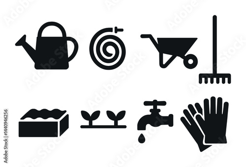 Gardening tools silhouette icon set – solid style horticulture, home gardening, and plant care symbols: watering can, hose, wheelbarrow, rake, planter, seedlings, faucet, gloves