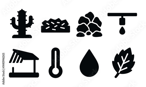 Eco-friendly agriculture solid icons set - flat style farming, sustainability, and nature symbols: cactus, seeds, rocks, irrigation, greenhouse, thermometer, water drop, leaf.