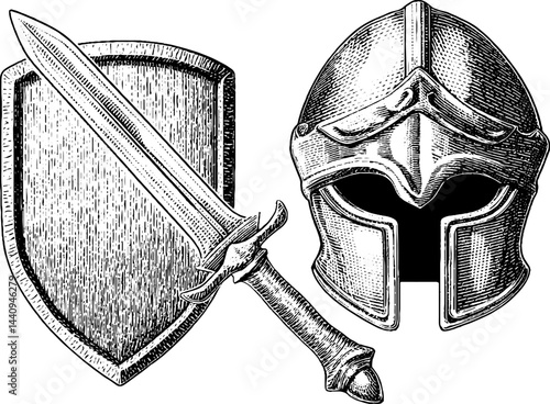 Engraved medieval foam sword, shield, and knight helmet illustration set