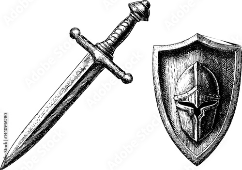 Vintage engraved set featuring foam sword and knight shield design