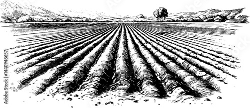 Vintage engraving of ploughed field landscape with trees and hills for rural design