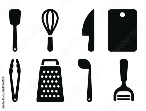 Kitchen tools solid icons set – flat style cooking, baking, and culinary symbols for food preparation: spatula, whisk, knife, cutting board, tongs, grater, peeler
