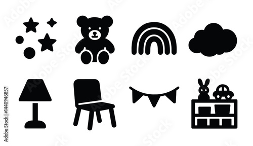 Whimsical nursery silhouette icons – solid style baby room decor, kids' toys, and playroom elements: stars, teddy bear, rainbow, cloud, lamp, chair, banner, shelf.