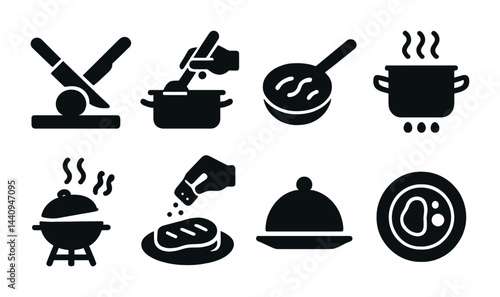 Kitchen and cooking solid icons set – flat style culinary, cuisine, and food preparation symbols: knife, pot, pan, stove, grill, seasoning, dish, egg plate.