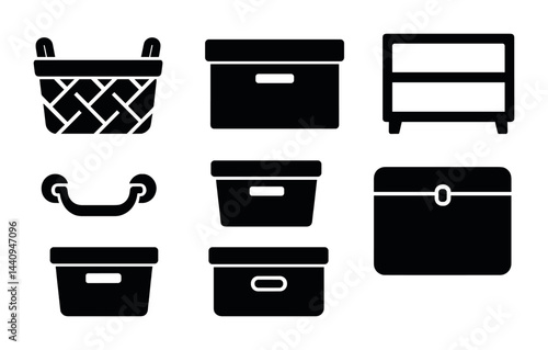Home organization icons set – solid style for storage and decluttering: baskets, storage boxes, shelves, handles, bins, cabinets, containers, organizers.