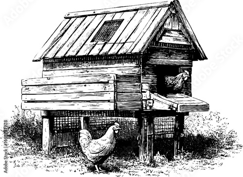 Engraved illustration of a chicken coop with rustic vintage design. Detailed wooden structure and house