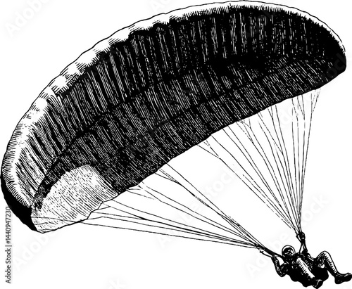 Engraved paraglider illustration in black bold line art for adventure designs