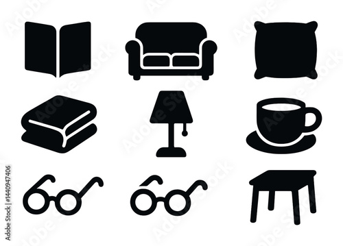 Cozy home essentials solid icons set – filled style interior, comfort, and living room symbols for home decor: sofa, book, pillow, lamp, cup, glasses, table.