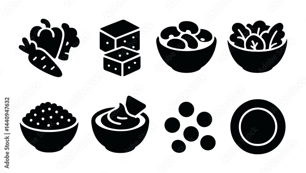 Vegan cuisine icon set – solid style plant-based, healthy eating, and nutrition symbols for menus: vegetables, tofu, bowl, salad, rice, sauce, beans, plate
