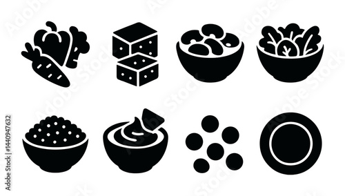 Obraz na płótnie Vegan cuisine icon set – solid style plant-based, healthy eating, and nutrition symbols for menus: vegetables, tofu, bowl, salad, rice, sauce, beans, plate w salonie