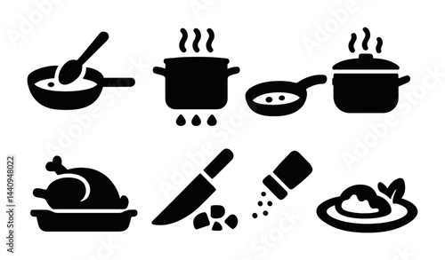 Cooking and kitchen solid icons set – flat style culinary, recipe, and food preparation symbols: skillet, boiling pot, frying pan, stockpot, roast chicken, chef knife, salt shaker, plated meal.