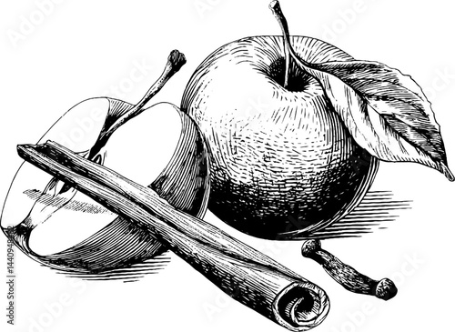 Vintage engraved illustration of apple slice and cinnamon stick for culinary design