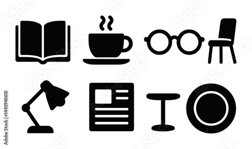 Home and leisure solid icons set – classic style relaxation, reading, and dining symbols for daily activities: book, coffee cup, glasses, chair, lamp, newspaper, table, plate.