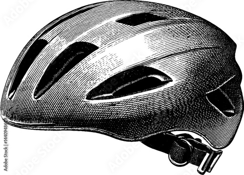 Engraved bicycle helmet illustration with detailed design for safety and sport