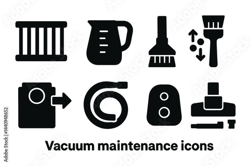 Vacuum maintenance icons set - solid style cleaning and repair symbols for home care: filter, measuring cup, small brush, attachment, hose, control, tool