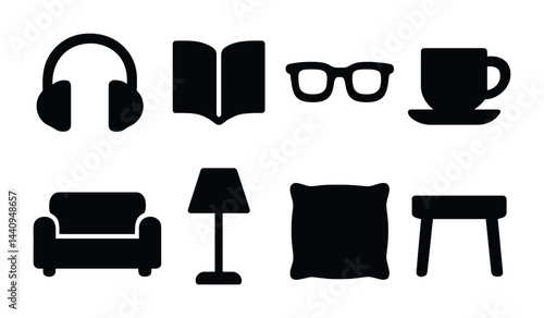 Cozy home essentials solid icons set – filled style for comfort and leisure: headphones, book, glasses, mug, sofa, lamp, pillow, stool