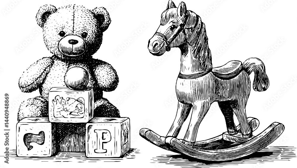 Vintage engraved illustration of teddy bear with blocks and rocking horse