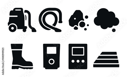 Industrial cleaning icon set – solid style hygiene, safety, and workflow symbols for maintenance: vacuum cleaner, hose, stain, dust cloud, boot, control panel, stairs.
