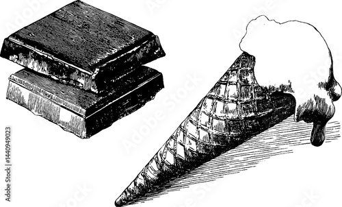Vintage engraved illustration of waffle cone and chocolate bars for dessert designs
