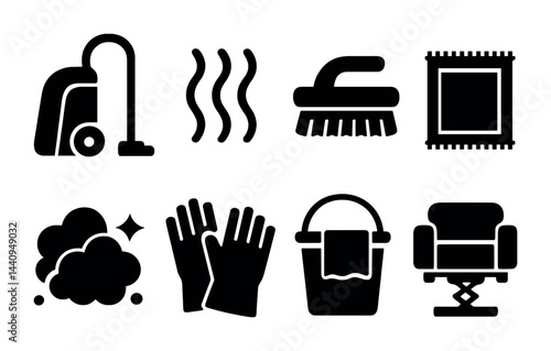 Home cleaning icons set - solid style for housekeeping, sanitation, and tidying: vacuum, steam, brush, carpet, dust, gloves, bucket, sofa