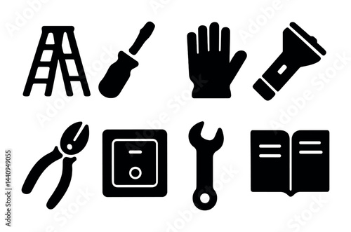 Diy home repair solid icons set – filled style maintenance, tools, and construction symbols for handyman projects: ladder, screwdriver, glove, flashlight, pliers, safe, wrench, manual.