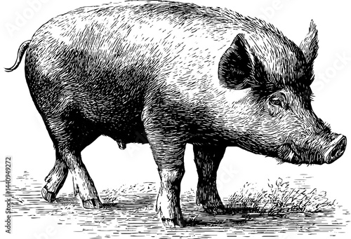 Detailed engraving of a sow in black lines for farm design and artistic use