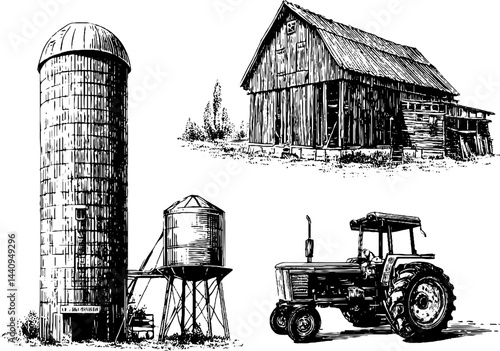 Vintage farm scenes with barn, tractor, and silos for rustic design projects