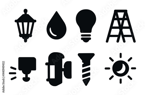 Home improvement solid icons set – silhouette style for diy projects, renovation, and maintenance: light bulb, water drop, screw, ladder, door handle, sun, moon.