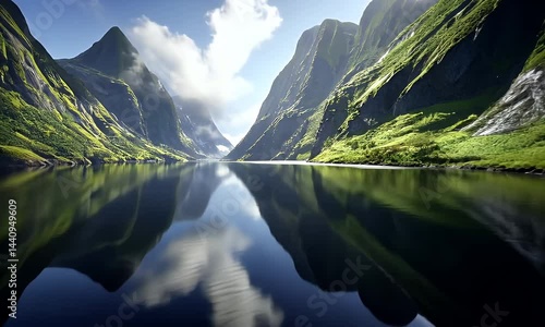 Mountain fjord landscape reflection
