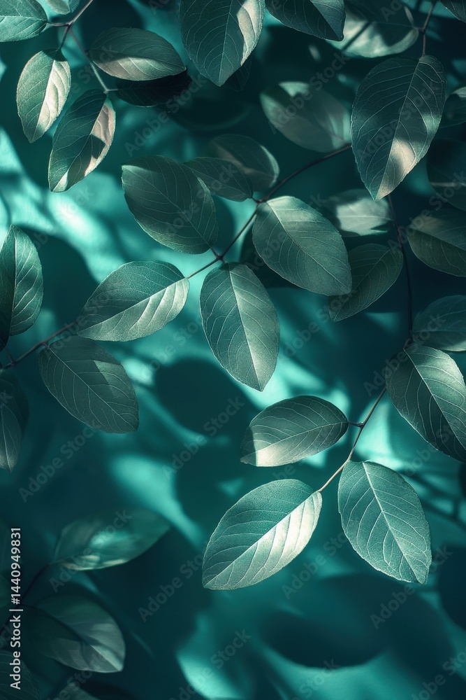 Beautiful teal-toned leaves with dramatic shadows on a textured background Beautiful teal-toned leaves with dramatic shadows on a textured background