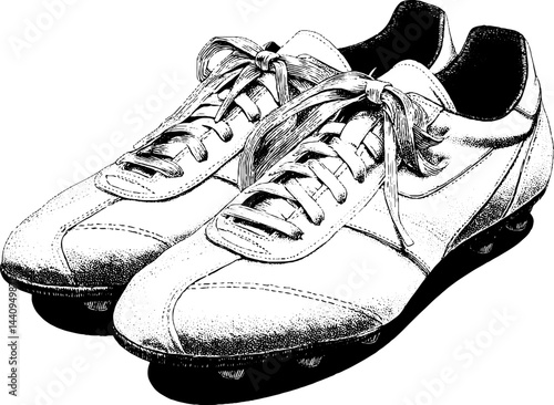 Vintage engraved illustration of bold soccer shoes for sports design and apparel