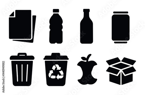 Recycling and waste management silhouette icons – solid style eco-friendly, sustainability, and waste reduction symbols: paper, plastic bottle, glass bottle, can, trash bin, recycle bin, apple core,